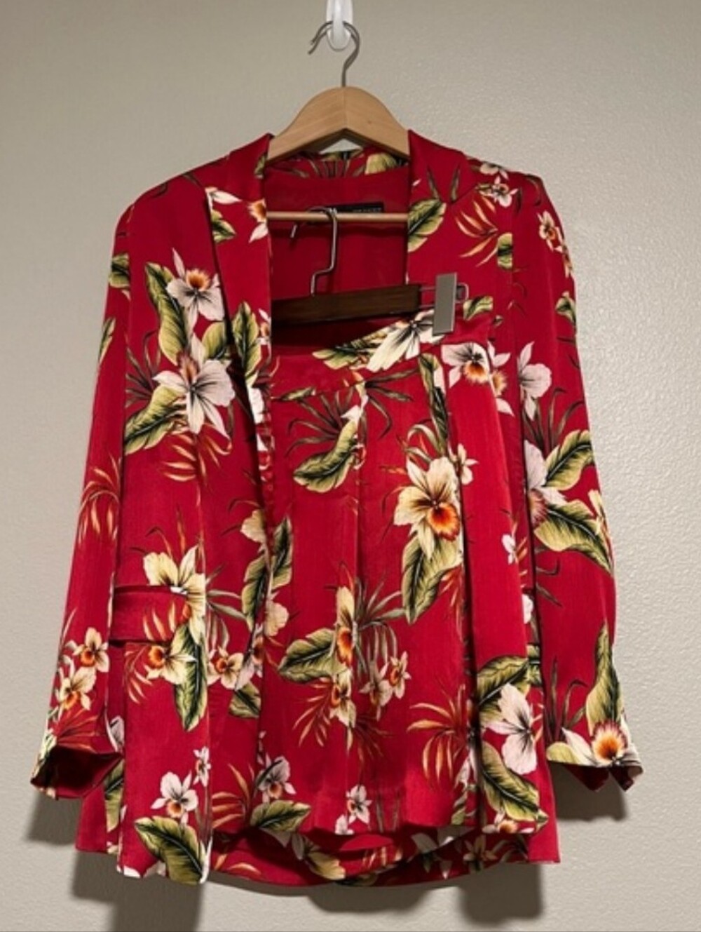 Zara Red Floral Blazer Jacket And Shorts Set